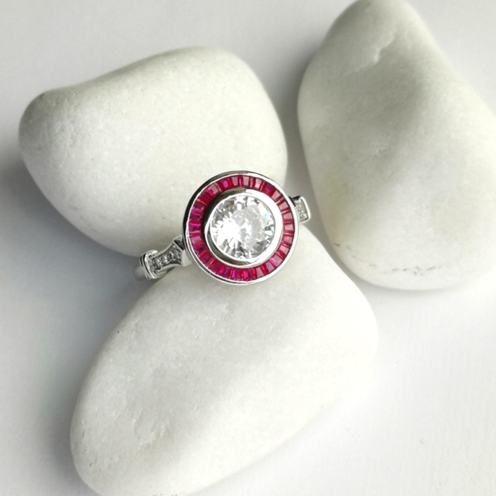 Art Deco White Sapphire and Ruby Ring in Sterling Silver engagement size 6 🆕